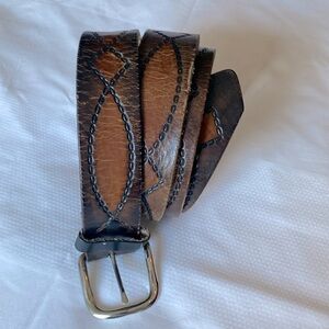 VINTAGE Genuine Leather distressed Belt Brown 51’ snap on buckle Western Country